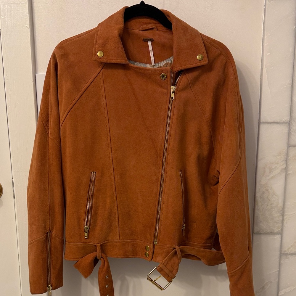 Free People Drapey Suede Moto Jacket - orange- NWOT, size small